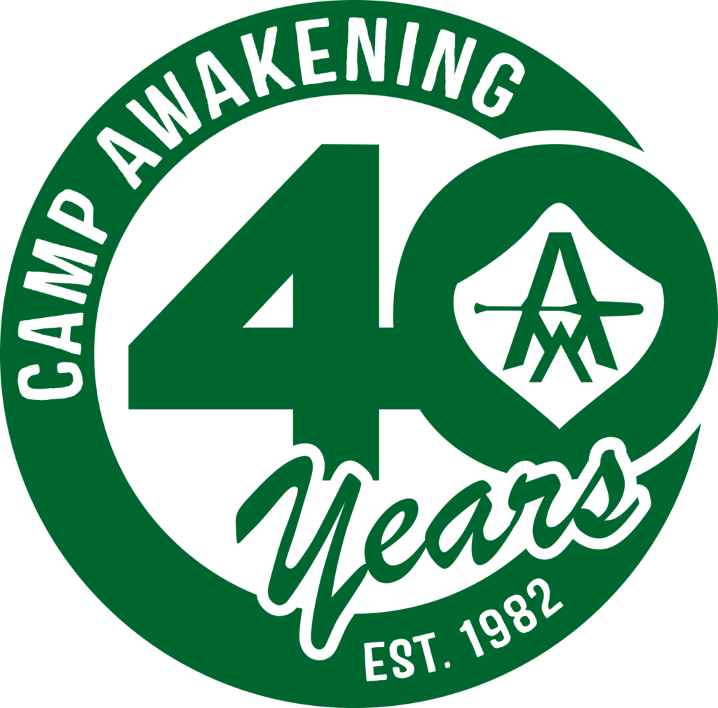 Camp Awakening 40th Anniversary graphic. Green and white.