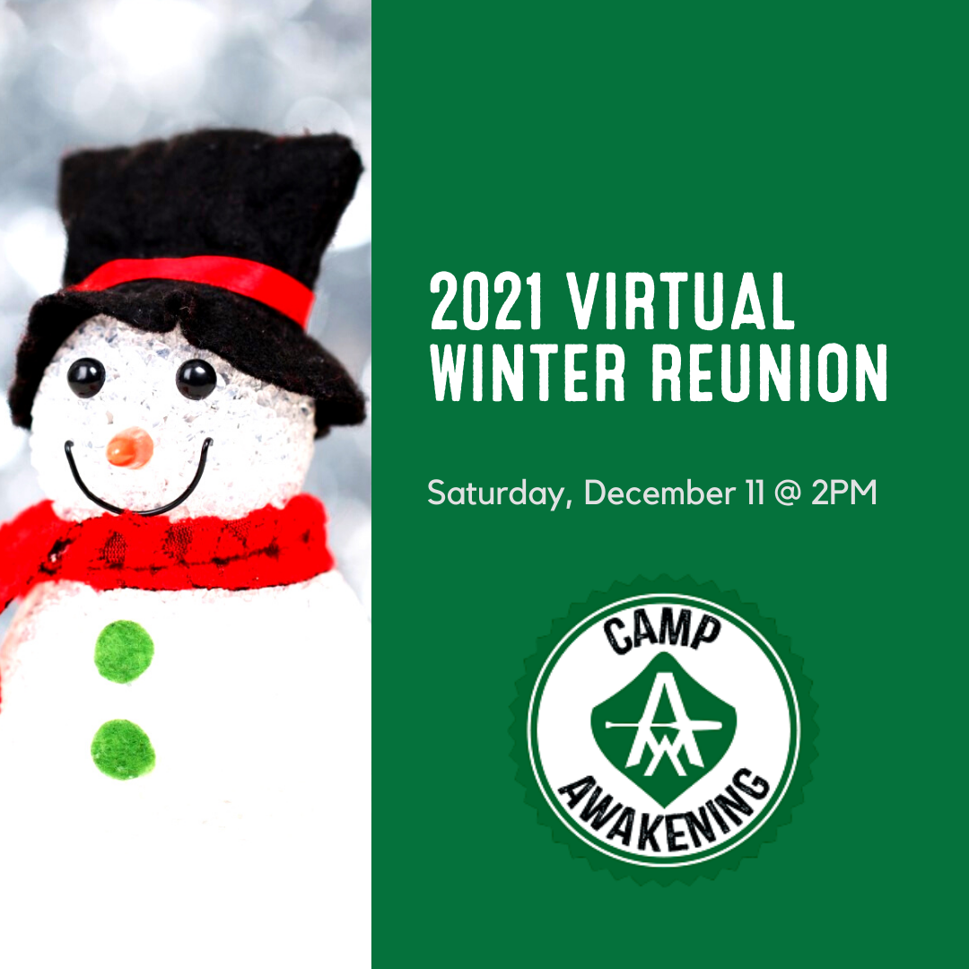 poster for 2021 virtual winter reunion on saturday, december 11th at 2pm. green background with happy snowman